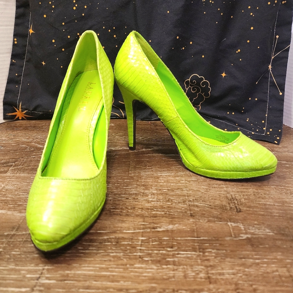 Lauren Ralph Lauren Kailee Lime Snake Heels Shoes Size 8M
